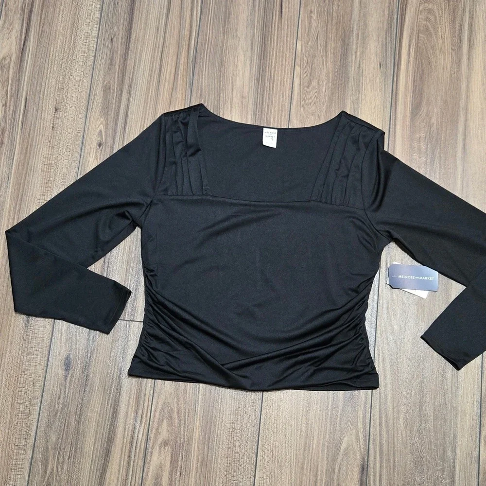 Melrose and Market Nordstrom NWT Black Ruched Square Neck Top Size L NEW